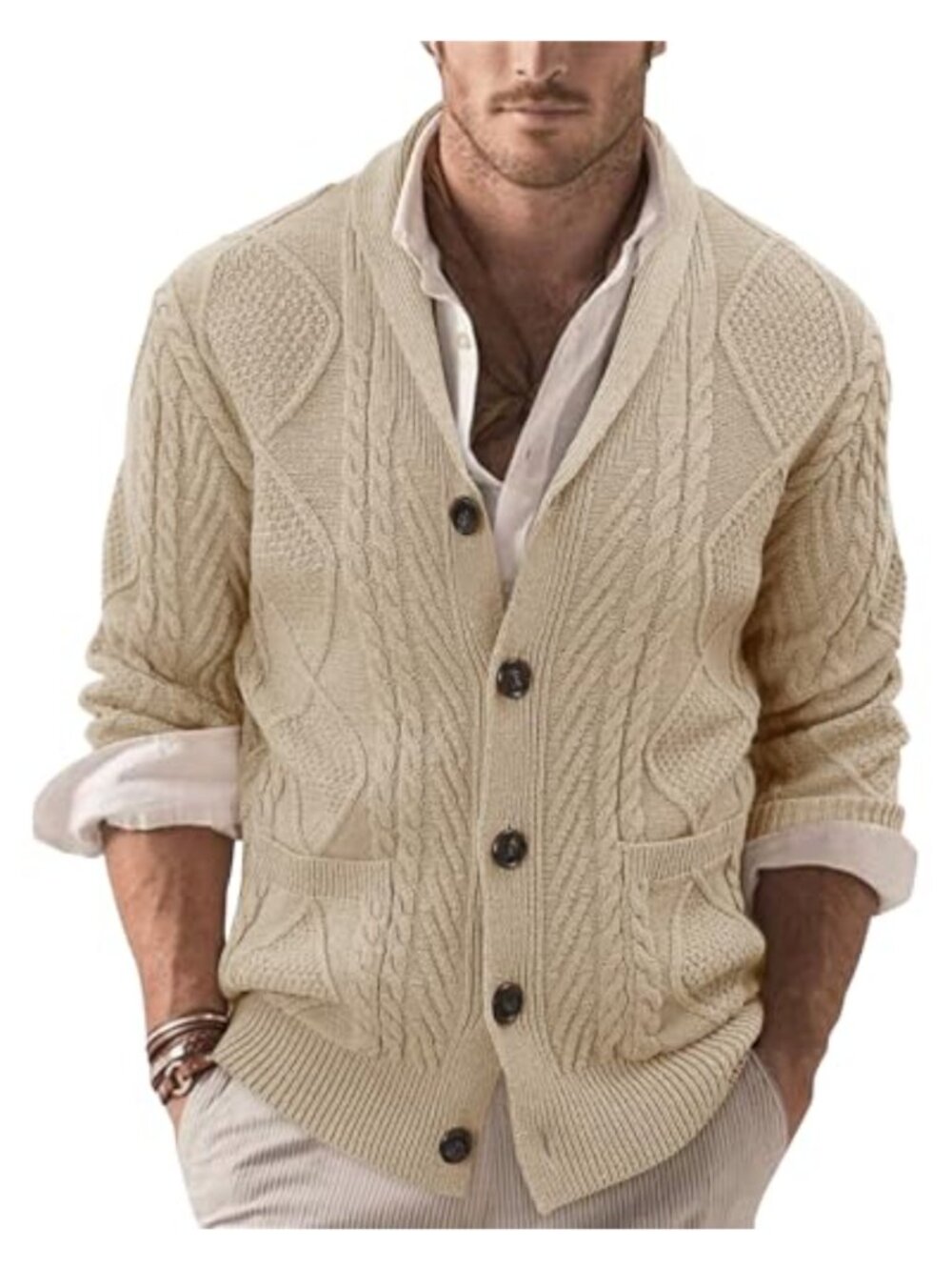 Men's Shawl Collar Button Down Cable Knit Cardigan Sweater with Pockets